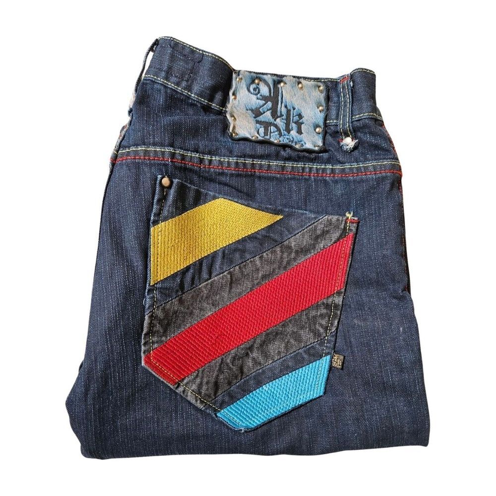VTG AKADEMIKS Denim Jeans Embroidered Leather Patch Hip Hop Designer Men's 34‎